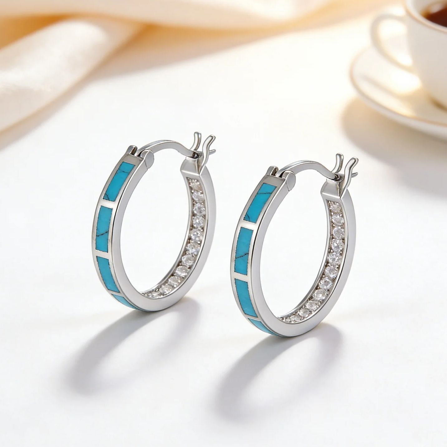 Turquoise Stone Ring - 여성용 저자극성 청록색 & 지르콘 후프