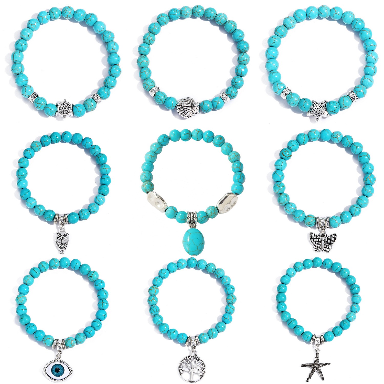 Turquoise Stone Ring - 다양한 모양의 파란색 터키석 팔찌, 큐브