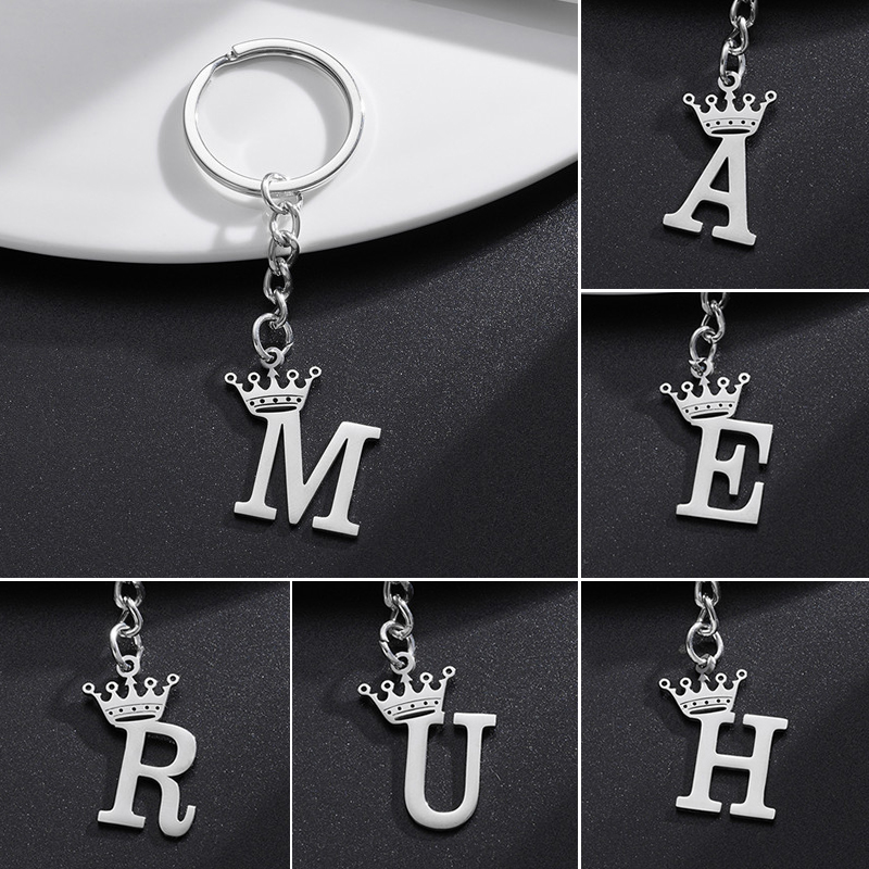 Engraved Name Necklace - 패션 크라운 A-Z 문자 펜던트 열쇠고리